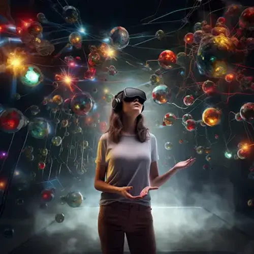 Femme avec casque VR testant une interface web immersive - Création de sites web assistée par IA - BETC agence digitale Grand Est Alsace
