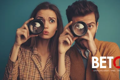 Deux personnes, un homme et une femme, regardant à travers des objectifs d'appareils photo, symbolisant la curiosité et l'exploration. Logo de BETC en bas à droite.