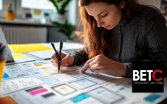 Jeune femme travaillant sur la conception UX/UI d'un site web avec des schémas et des plans, logo BETC en bas à droite.