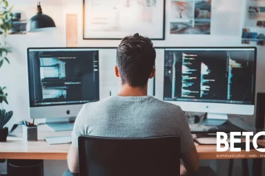 Développeur travaillant sur deux écrans avec du code à l'écran, logo de l'agence BETC en bas à droite.