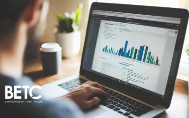Un professionnel analyse des données de performance sur un ordinateur portable, représentant le travail de l'agence BETC communication dans l'optimisation des campagnes publicitaires numériques.