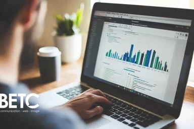 Un professionnel analyse des données de performance sur un ordinateur portable, représentant le travail de l'agence BETC communication dans l'optimisation des campagnes publicitaires numériques.