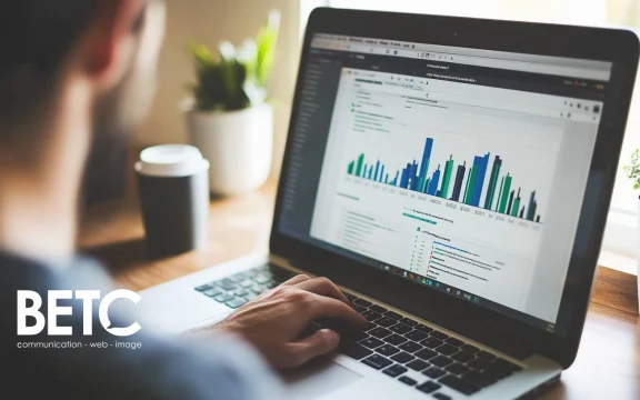 Un professionnel analyse des données de performance sur un ordinateur portable, représentant le travail de l'agence BETC communication dans l'optimisation des campagnes publicitaires numériques.