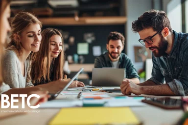 Équipe de jeunes professionnels travaillant ensemble sur des projets numériques, représentant une agence digitale en Alsace.