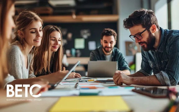 Équipe de jeunes professionnels travaillant ensemble sur des projets numériques, représentant une agence digitale en Alsace.