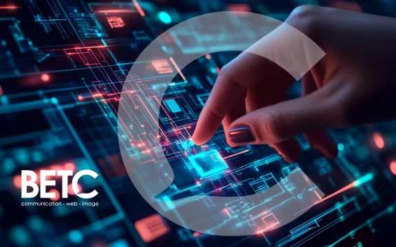 Main interagissant avec une interface numérique complexe représentant un audit digital, BETC communication.
