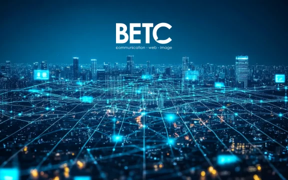Réseau numérique interconnecté sur une ville, représentant l'expertise digitale de BETC communication dans le Grand-Est.