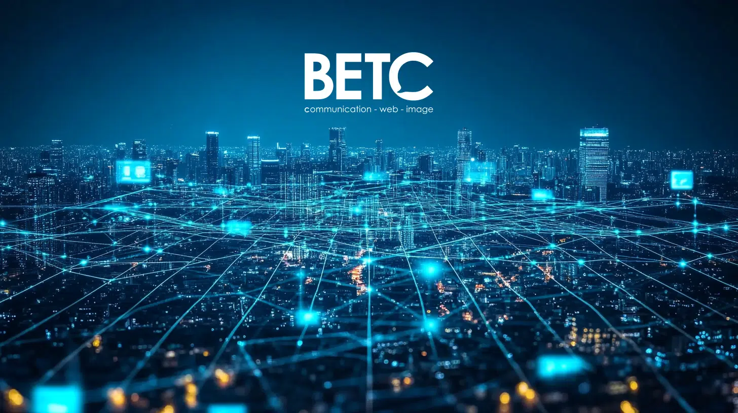 Réseau numérique interconnecté sur une ville, représentant l'expertise digitale de BETC communication dans le Grand-Est.