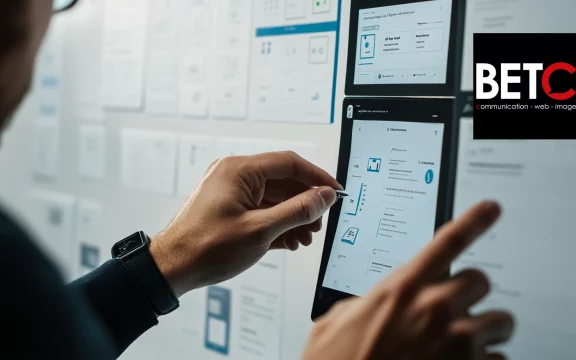 Un designer travaille sur une interface utilisateur numérique sur un écran tactile, avec le logo de BETC Communication visible sur la droite.
