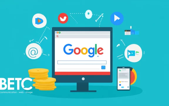Illustration montrant un écran d'ordinateur affichant Google Ads, entouré de divers icônes de médias sociaux, avec des pièces empilées à gauche et un smartphone à droite, représentant la publicité numérique gérée par l'agence BETC communication.