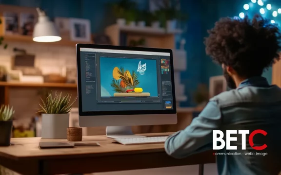 Designer travaillant sur une identité visuelle sur un ordinateur dans un bureau moderne, avec le logo BETC en bas à droite.