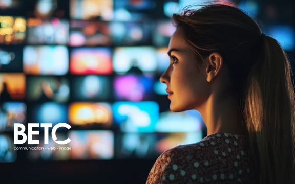 Jeune femme observant un écran numérique avec le logo de BETC en premier plan, représentant l'agence de communication.