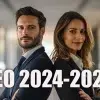 Deux professionnels souriants en costume, symbolisant les tendances SEO 2024-2025, avec le logo de BETC communication en arrière-plan