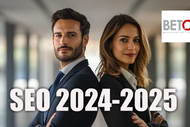 Deux professionnels souriants en costume, symbolisant les tendances SEO 2024-2025, avec le logo de BETC communication en arrière-plan