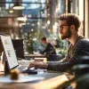 Jeune homme travaillant sur un ordinateur dans un bureau moderne et lumineux, logo de BETC communication visible en bas à droite.