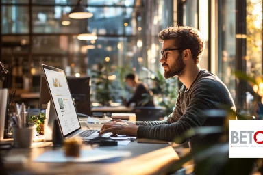 Jeune homme travaillant sur un ordinateur dans un bureau moderne et lumineux, logo de BETC communication visible en bas à droite.