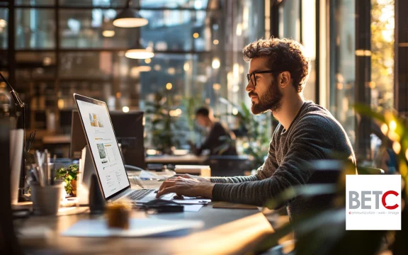 Jeune homme travaillant sur un ordinateur dans un bureau moderne et lumineux, logo de BETC communication visible en bas à droite.