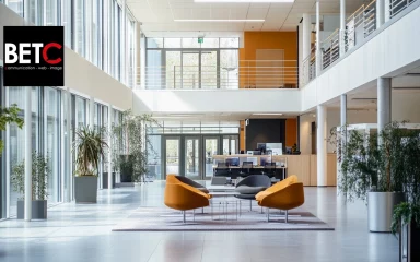 Hall moderne et lumineux de l'agence de publicité BETC avec logo.