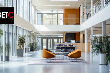 Hall moderne et lumineux de l'agence de publicité BETC avec logo.
