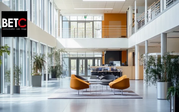 Hall moderne et lumineux de l'agence de publicité BETC avec logo.