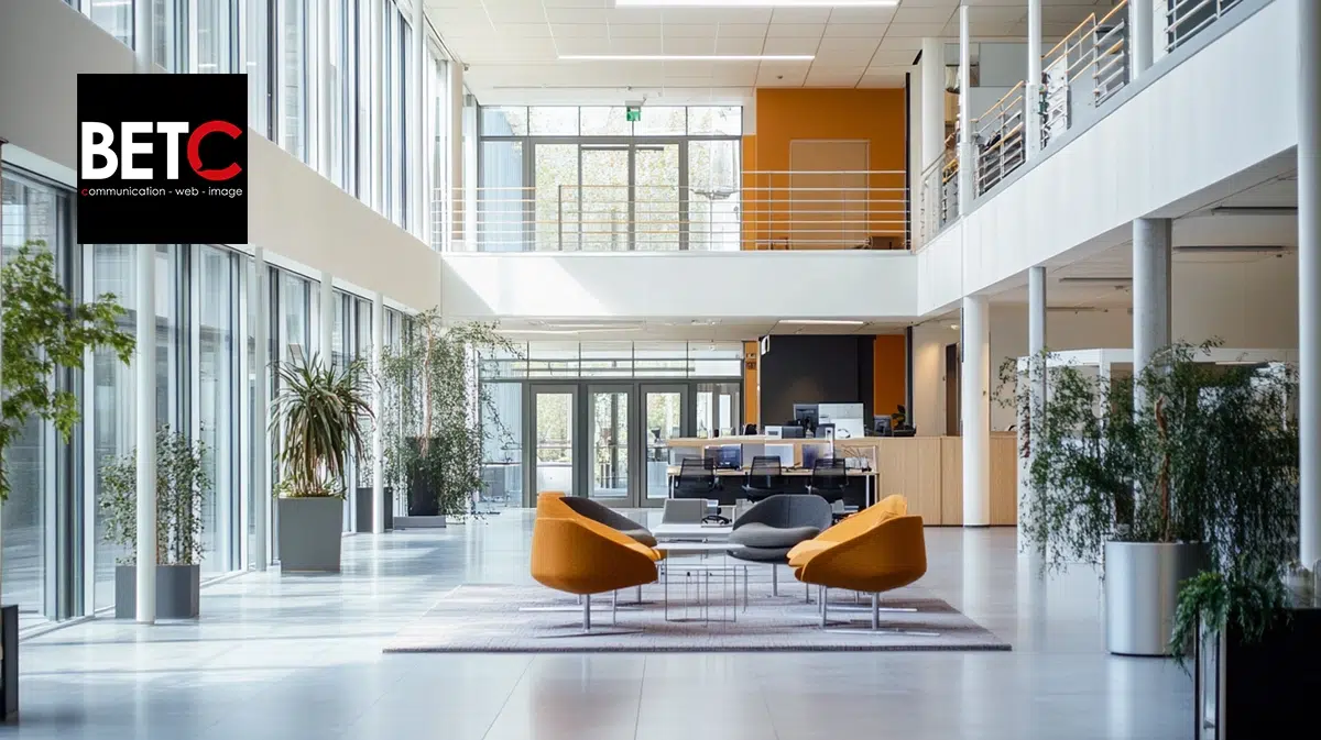 Hall moderne et lumineux de l'agence de publicité BETC avec logo.