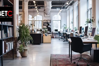 Bureau moderne et spacieux de l'agence BETC, spécialisé en communication, web, et image, avec des bureaux ouverts et une décoration élégante.