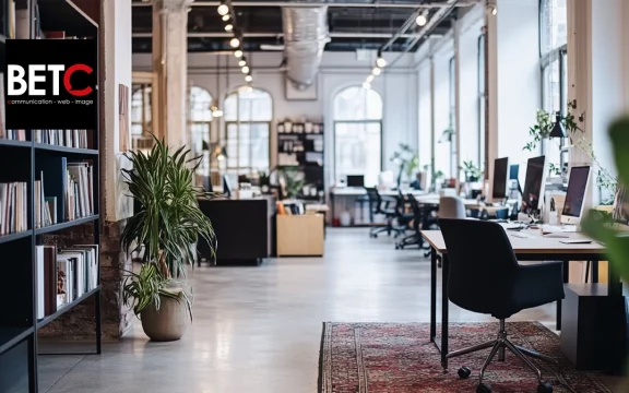 Bureau moderne et spacieux de l'agence BETC, spécialisé en communication, web, et image, avec des bureaux ouverts et une décoration élégante.
