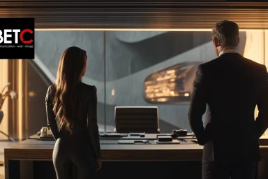Deux professionnels en costume, dos à la caméra, dans un bureau moderne avec une vue sur l'extérieur, représentant une réunion au sein de l'agence BETC.