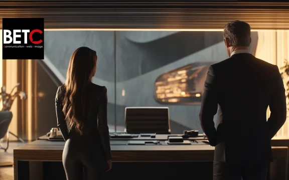 Deux professionnels en costume, dos à la caméra, dans un bureau moderne avec une vue sur l'extérieur, représentant une réunion au sein de l'agence BETC.