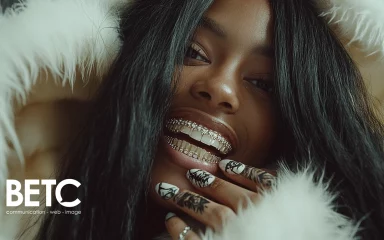 Femme souriante avec un sourire orné de bijoux, portant une veste à capuche en fourrure blanche, affichant des tatouages sur les doigts, accompagnée du logo BETC en bas à gauche de l'image.