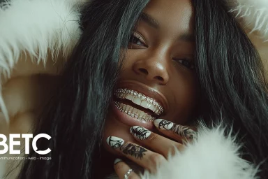 Femme souriante avec un sourire orné de bijoux, portant une veste à capuche en fourrure blanche, affichant des tatouages sur les doigts, accompagnée du logo BETC en bas à gauche de l'image.