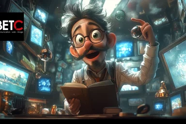 Un homme enthousiaste aux cheveux en bataille et portant des lunettes, se tient dans un bureau futuriste entouré d'écrans et d'objets flottants, avec le logo de BETC Communication en haut à gauche.