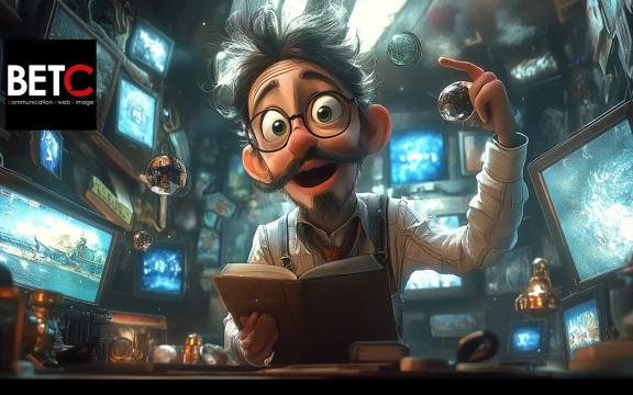 Un homme enthousiaste aux cheveux en bataille et portant des lunettes, se tient dans un bureau futuriste entouré d'écrans et d'objets flottants, avec le logo de BETC Communication en haut à gauche.