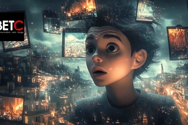 Jeune personnage surpris, entouré de paysages urbains en flammes avec l’emblème de BETC communication, web, image.