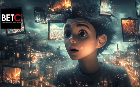 Jeune personnage surpris, entouré de paysages urbains en flammes avec l’emblème de BETC communication, web, image.