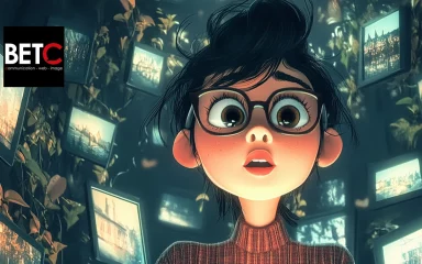 Jeune femme surprise regardant des écrans numériques autour d'elle, symbolisant la curiosité et l'exploration numérique, avec le logo de BETC Communication en haut à gauche.