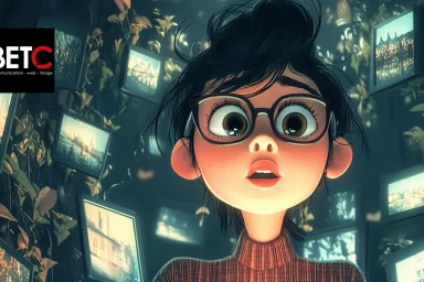Jeune femme surprise regardant des écrans numériques autour d'elle, symbolisant la curiosité et l'exploration numérique, avec le logo de BETC Communication en haut à gauche.