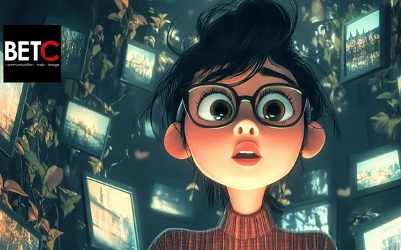 Jeune femme surprise regardant des écrans numériques autour d'elle, symbolisant la curiosité et l'exploration numérique, avec le logo de BETC Communication en haut à gauche.