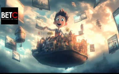 Jeune personnage joyeux tenant une ville flottante dans un ciel onirique, entouré d'images suspendues, avec le logo de BETC Communication.