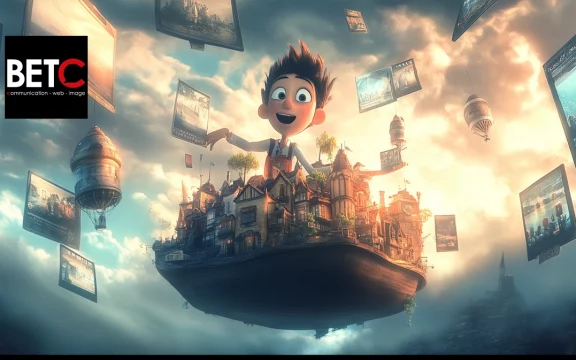 Jeune personnage joyeux tenant une ville flottante dans un ciel onirique, entouré d'images suspendues, avec le logo de BETC Communication.