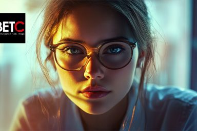 Portrait d'une jeune femme portant des lunettes, éclairée par une lumière douce, avec le logo BETC Communication en arrière-plan.