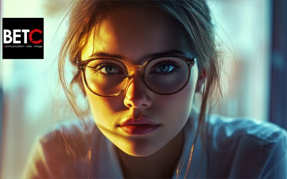 Portrait d'une jeune femme portant des lunettes, éclairée par une lumière douce, avec le logo BETC Communication en arrière-plan.