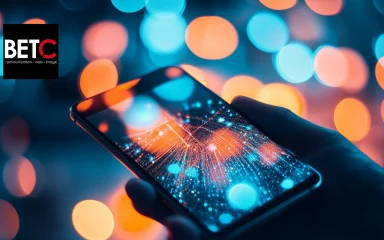 Main tenant un smartphone illuminé avec des effets lumineux en arrière-plan, représentant l'univers numérique de l'agence BETC, spécialisée en communication, web et image.