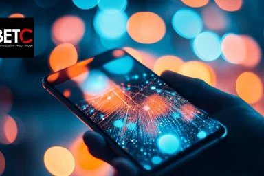 Main tenant un smartphone illuminé avec des effets lumineux en arrière-plan, représentant l'univers numérique de l'agence BETC, spécialisée en communication, web et image.