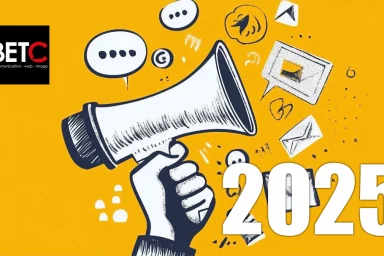 Illustration digitale avec une main tenant un mégaphone entouré de symboles de communication sur fond jaune vif, représentant les tendances digitales pour 2025.