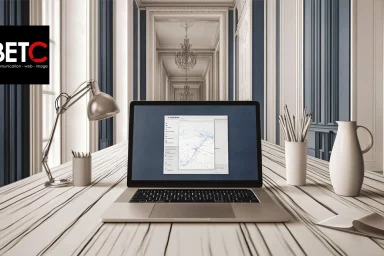 Bureau élégant avec un ordinateur portable affichant une carte, logo BETC en haut à gauche, symbolisant les services de communication et de publicité en ligne