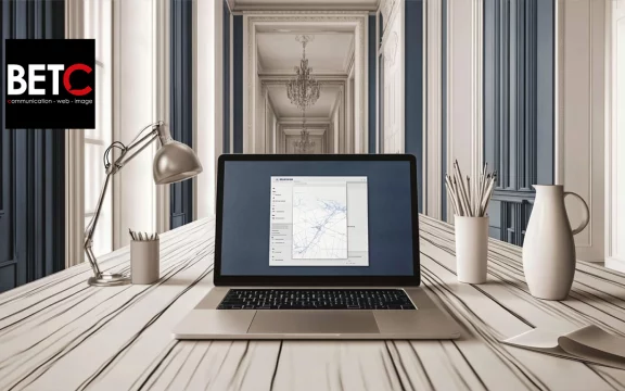 Bureau élégant avec un ordinateur portable affichant une carte, logo BETC en haut à gauche, symbolisant les services de communication et de publicité en ligne
