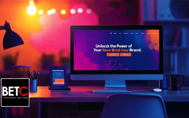 Bureau moderne illuminé par des couleurs vives, avec un écran affichant un site web BETC Communication, expert en SEO et création de sites internet à Strasbourg.