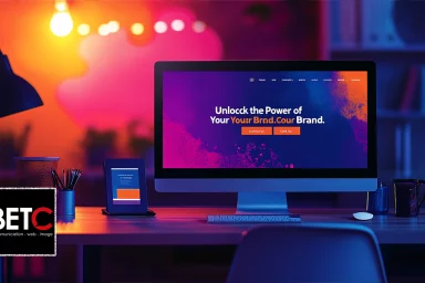 Bureau moderne illuminé par des couleurs vives, avec un écran affichant un site web BETC Communication, expert en SEO et création de sites internet à Strasbourg.