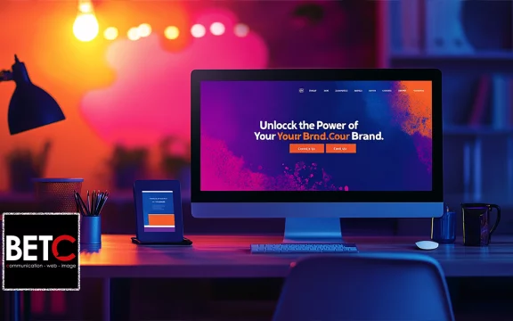Bureau moderne illuminé par des couleurs vives, avec un écran affichant un site web BETC Communication, expert en SEO et création de sites internet à Strasbourg.